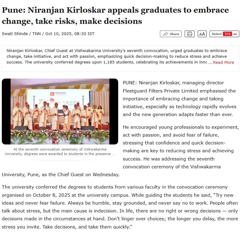 Niranjan kirloskar appeals graduates